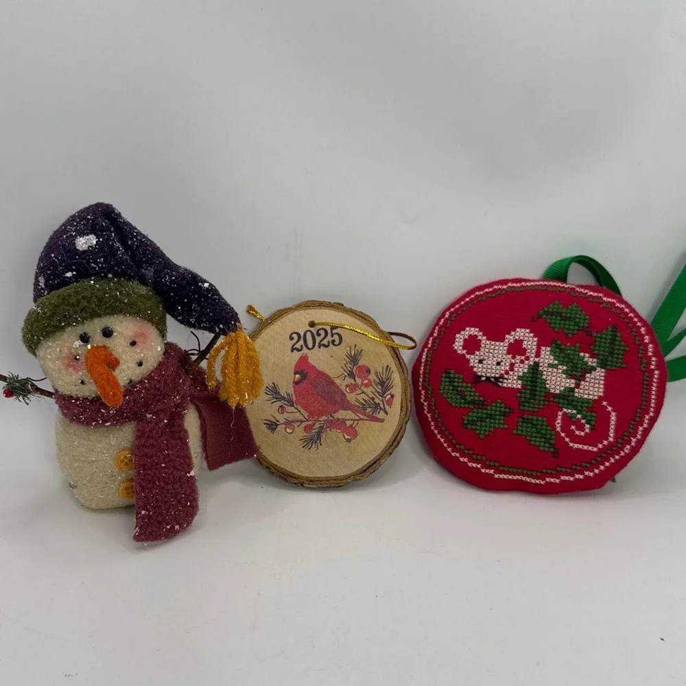 Vintage Christmas Ornament Lot 3pc 1981 Cross Stitch Mouse 2025 Cardinal Snowman